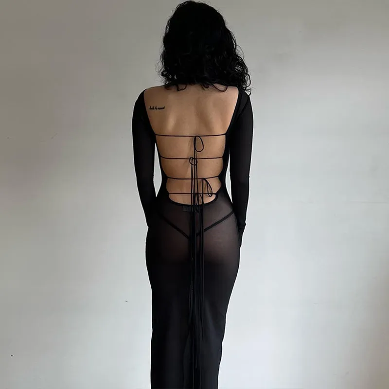 11485 O Neck Mesh See Through Backless Bandage Back Midi Women'S Dresses 2023 New Spring Summer Lady Evening Party Club Clothes