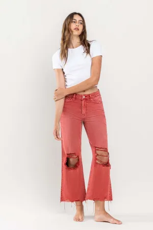 90s Vintage Crop Flare Jeans in Red