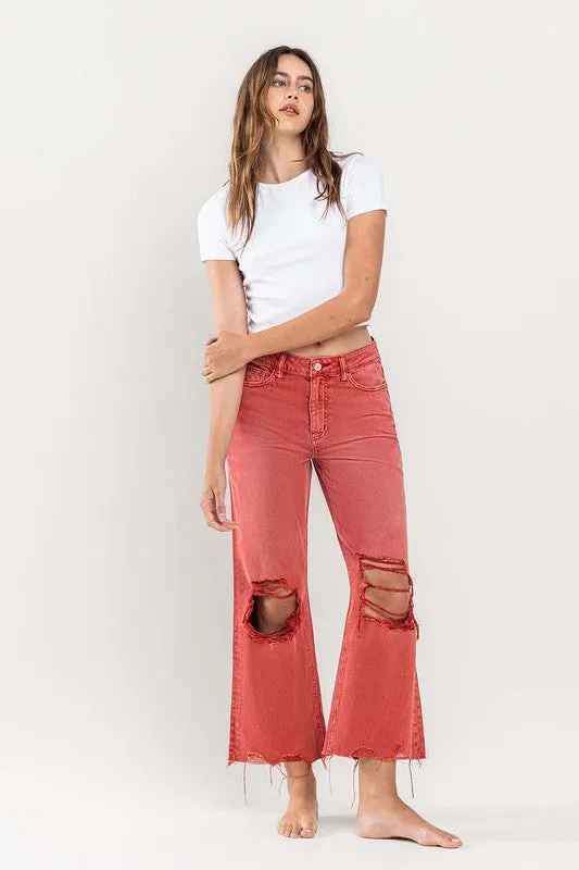 90s Vintage Crop Flare Jeans in Red