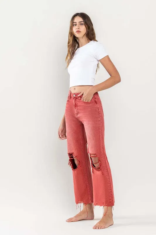 90s Vintage Crop Flare Jeans in Red