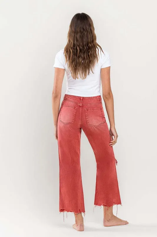 90s Vintage Crop Flare Jeans in Red