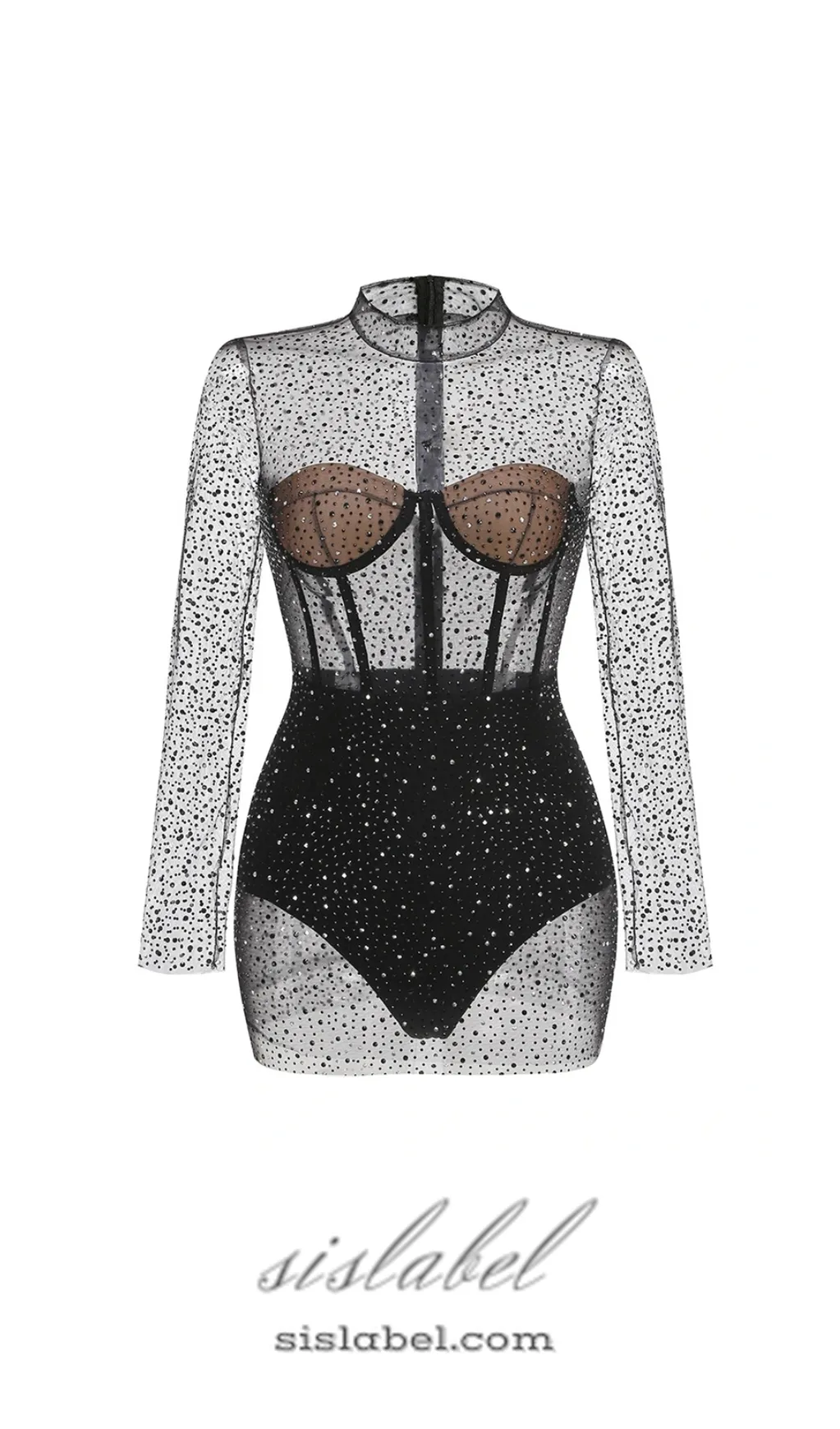 ADELE BLACK  MESH DIAMOND EMBELLISHMENT MINI DRESS