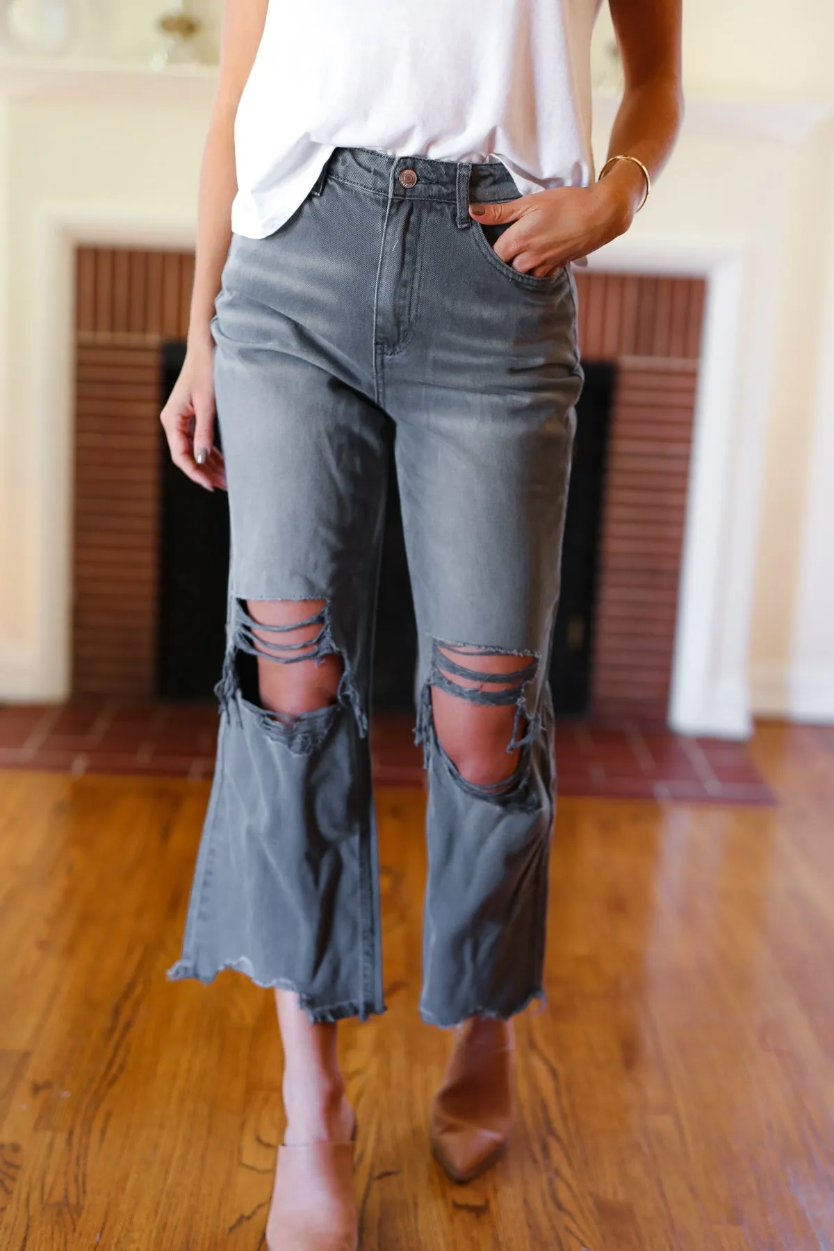 Ash Black Acid Washed High Waist Distressed Straight Pants