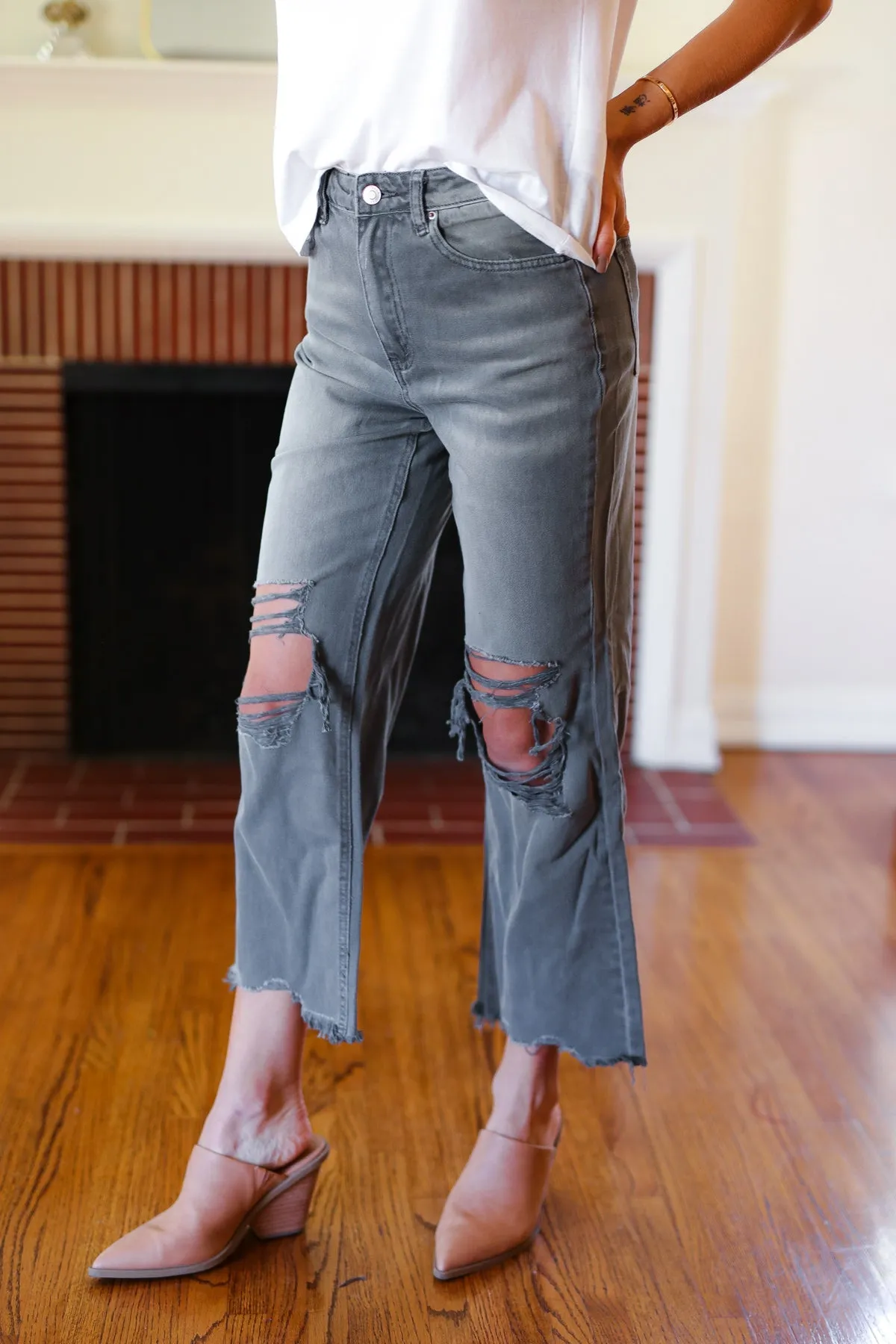 Ash Black Acid Washed High Waist Distressed Straight Pants