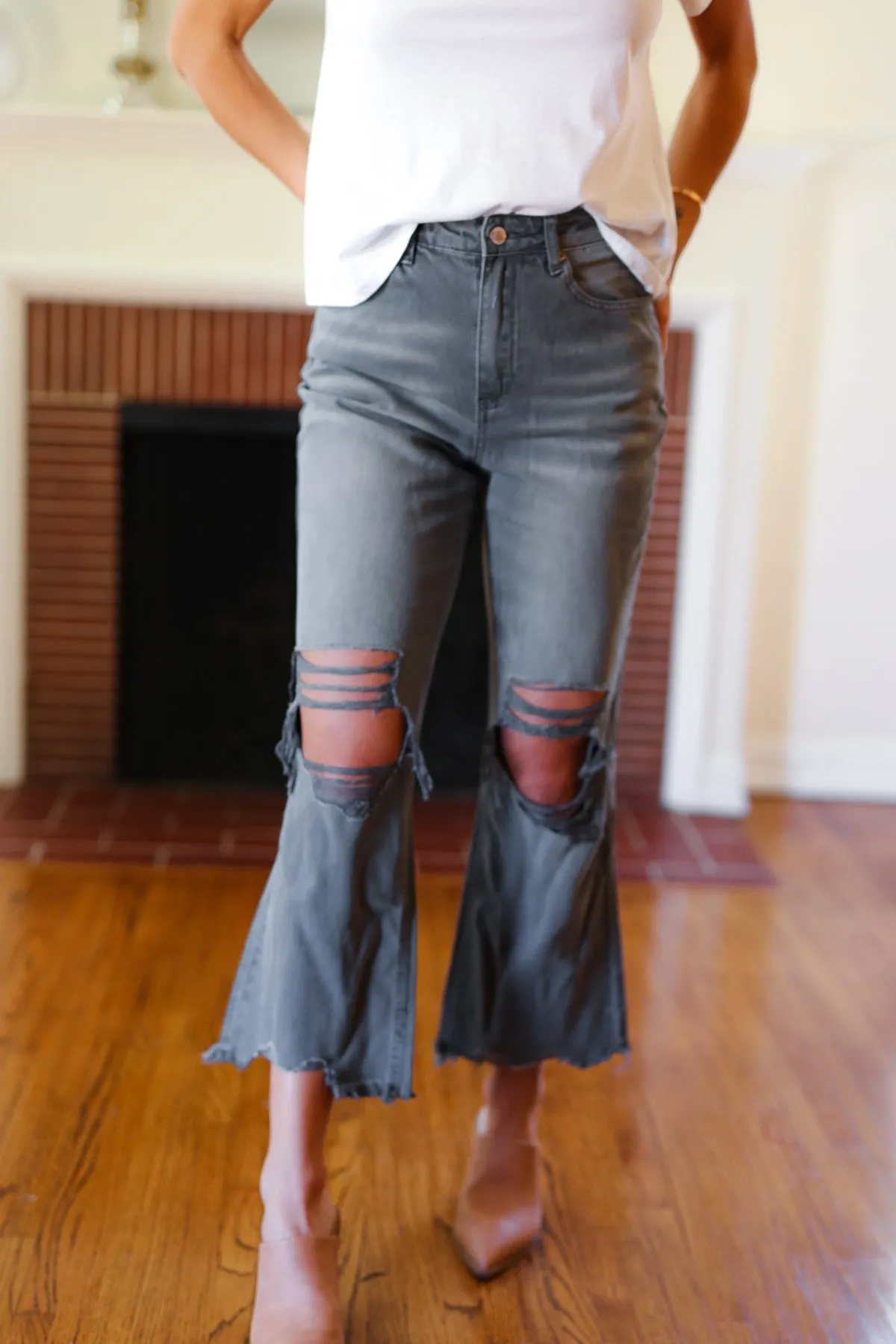 Ash Black Acid Washed High Waist Distressed Straight Pants