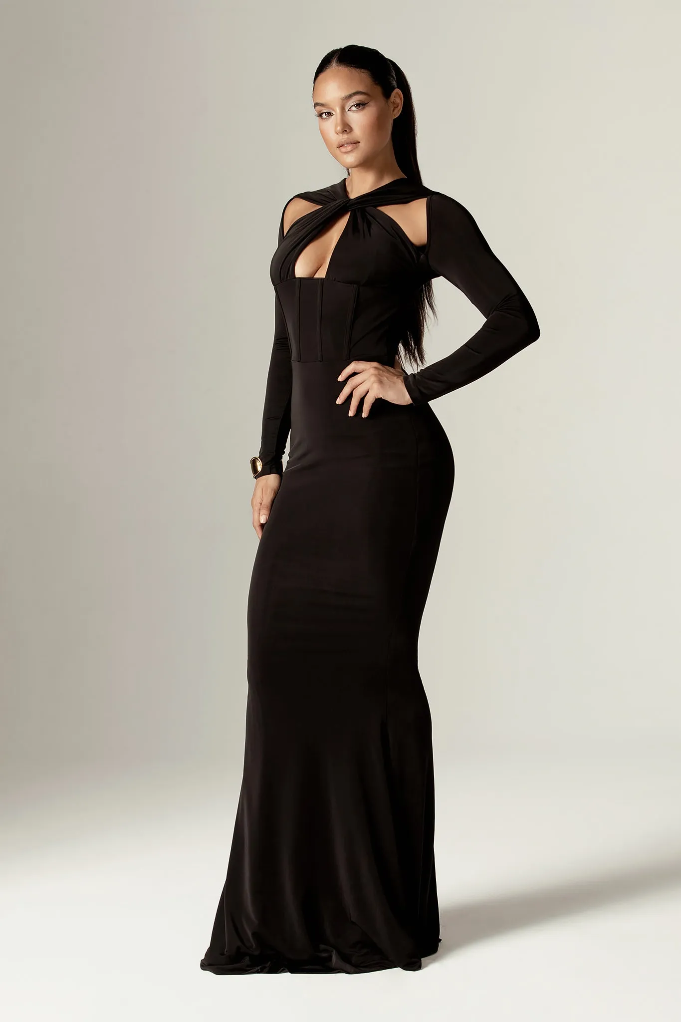 Baran Criss Cross Neckline Maxi Dress (Black)