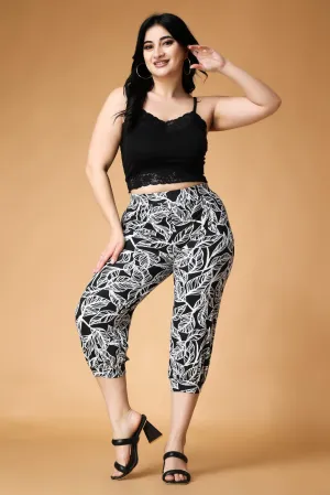 Black & White Leaf Printed Cropped Pants