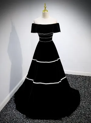 Black Velvet Off the Shoulder Pearls Prom Dress