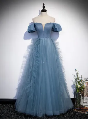 Blue Sequins Tulle Off the Shoulder Prom Dress