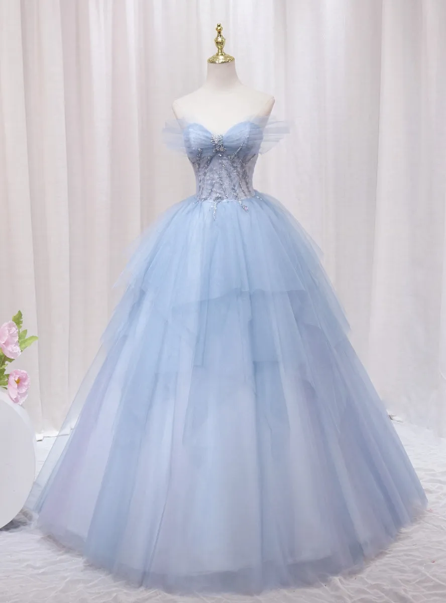 Blue Tulle Off the Shoulder Lace Beading Prom Dress