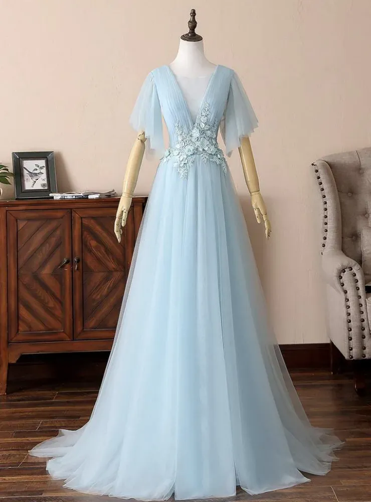 Blue Tulle See Through Neck Appliques Pleats prom Dress