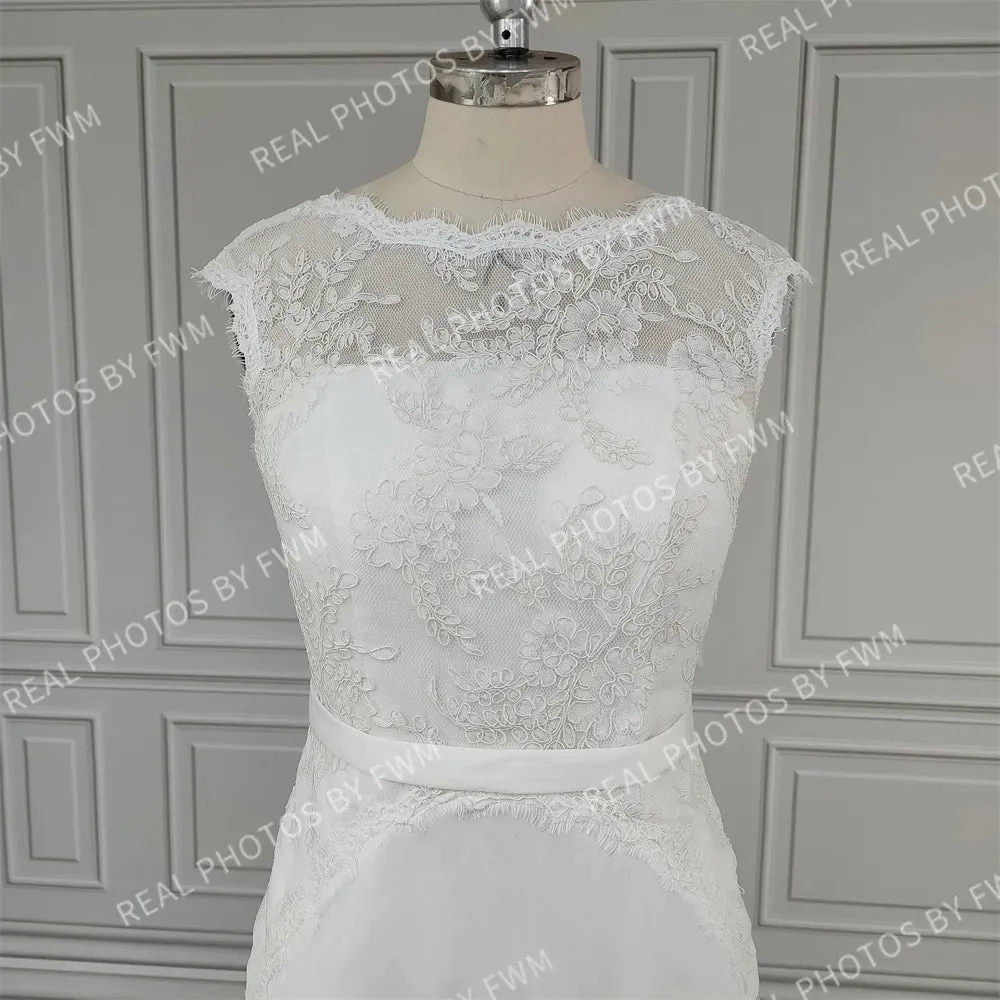 Boat Neck Open Back Boho Lace Wedding Bridal Sheath Dress