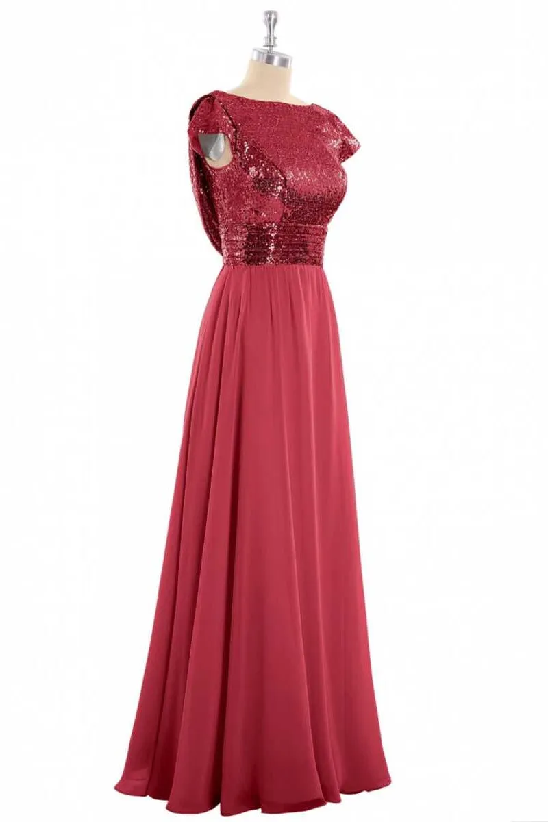 Burgundy Sequin Cap Sleeve Backless A-Line Bridesmaid Dress