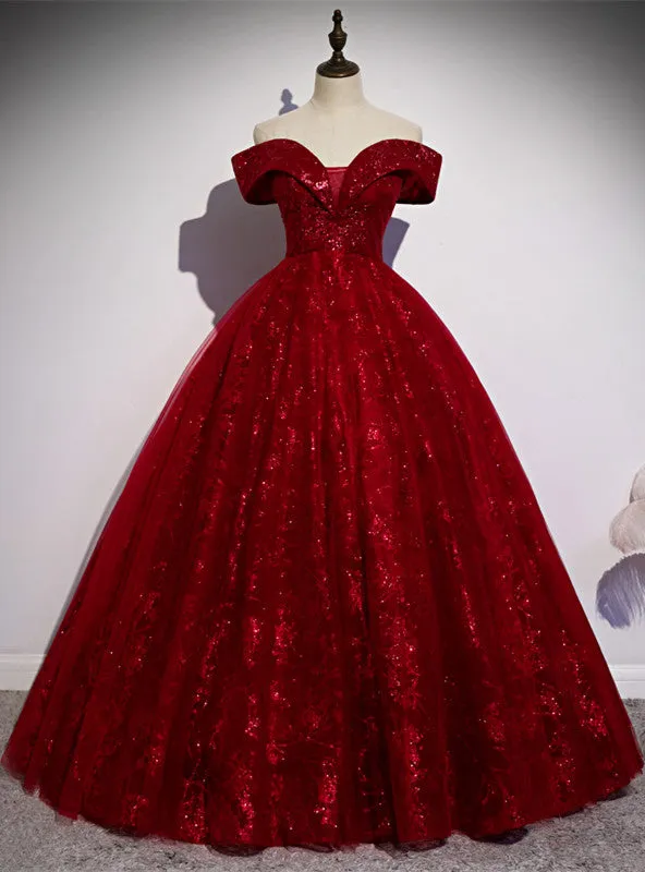 Burgundy Tulle Sequins Off the Shoulder Quinceanera Dress