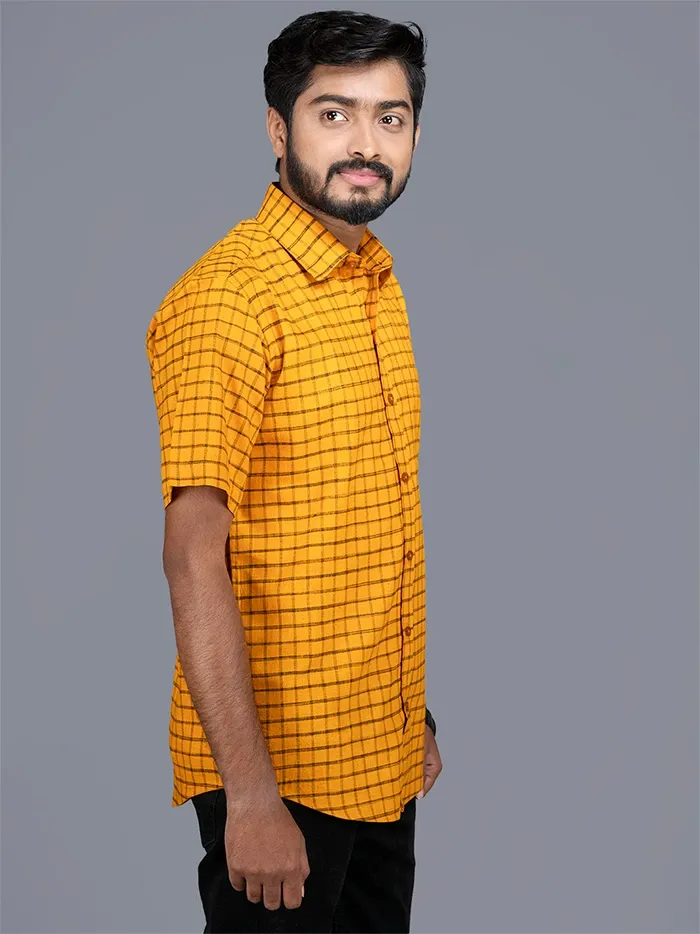 Cadmium Orange Handwoven Organic Cotton Checks Fitted Men Shirt