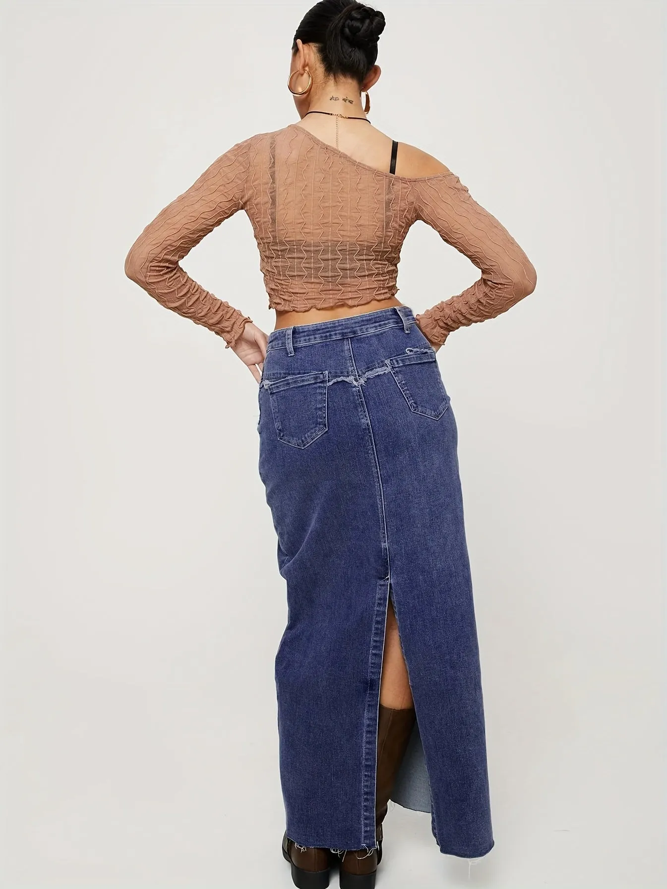 [Clearance] High Stretch Raw Hem Washed Denim Maxi Skirt for Women, Split Denim Skirt with Comfortable Fit