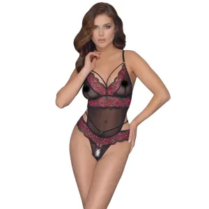 Cottelli Stretchy Sexy Wet Look Black Bodysuit with Lace