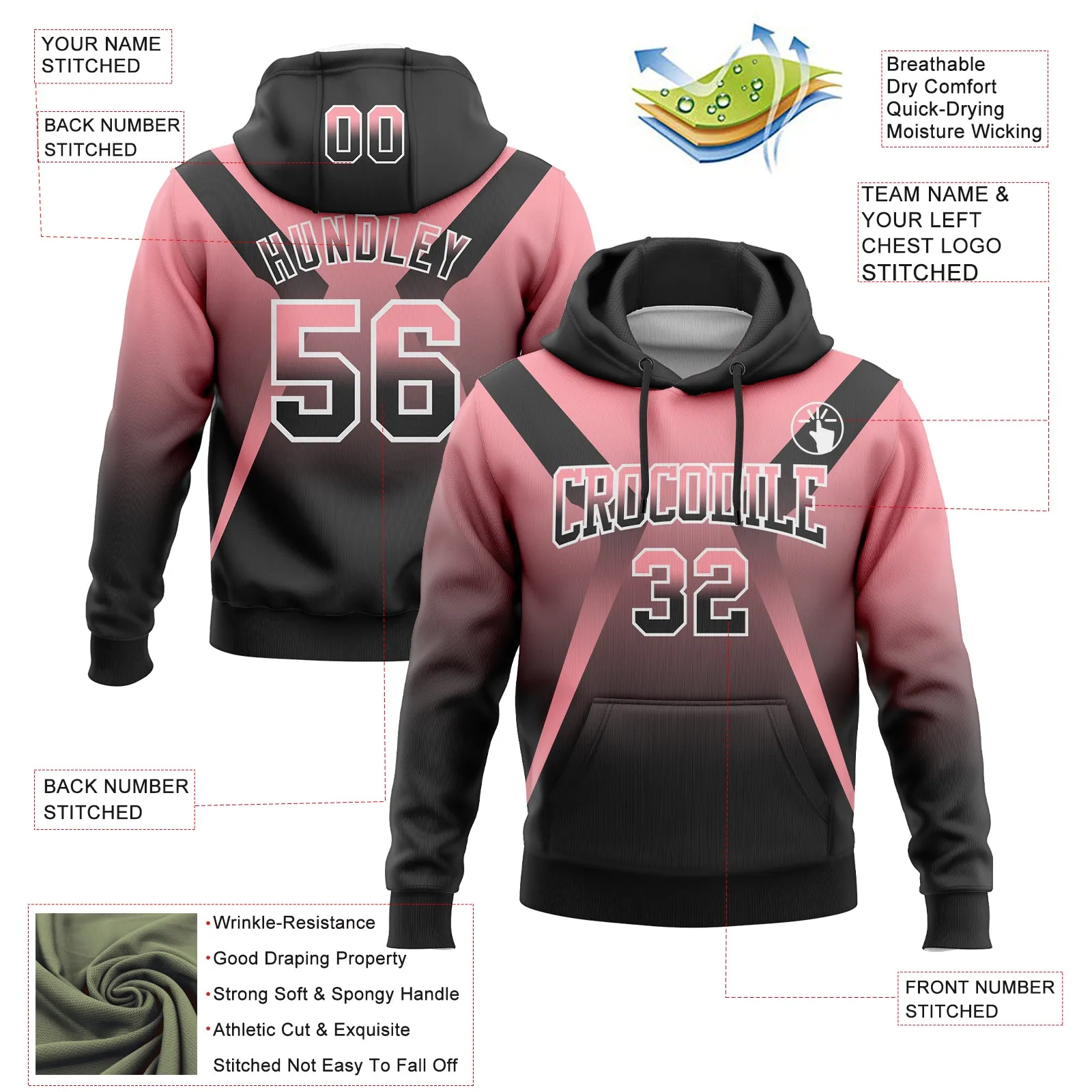 Custom Stitched Medium Pink Black-White Fade Fashion Arrow Sports Pullover Sweatshirt Hoodie