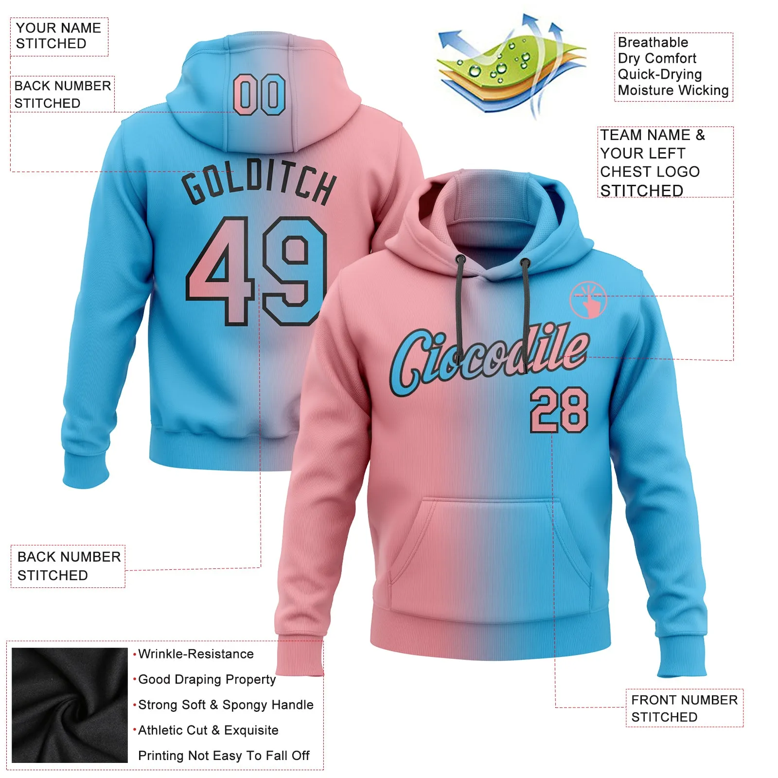 Custom Stitched Sky Blue Medium Pink-Black Gradient Fashion Sports Pullover Sweatshirt Hoodie