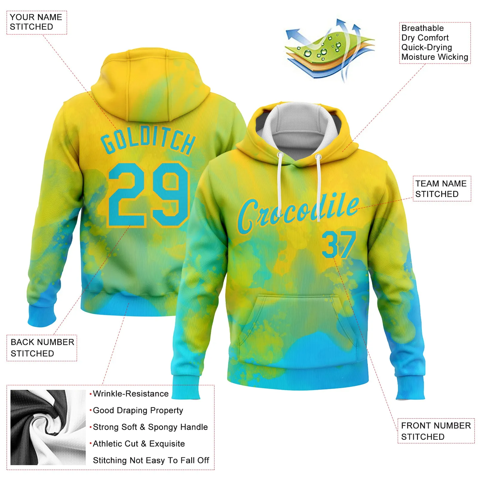 Custom Stitched Tie Dye Lakes Blue-Gold 3D Bright Flow Watercolor Sports Pullover Sweatshirt Hoodie