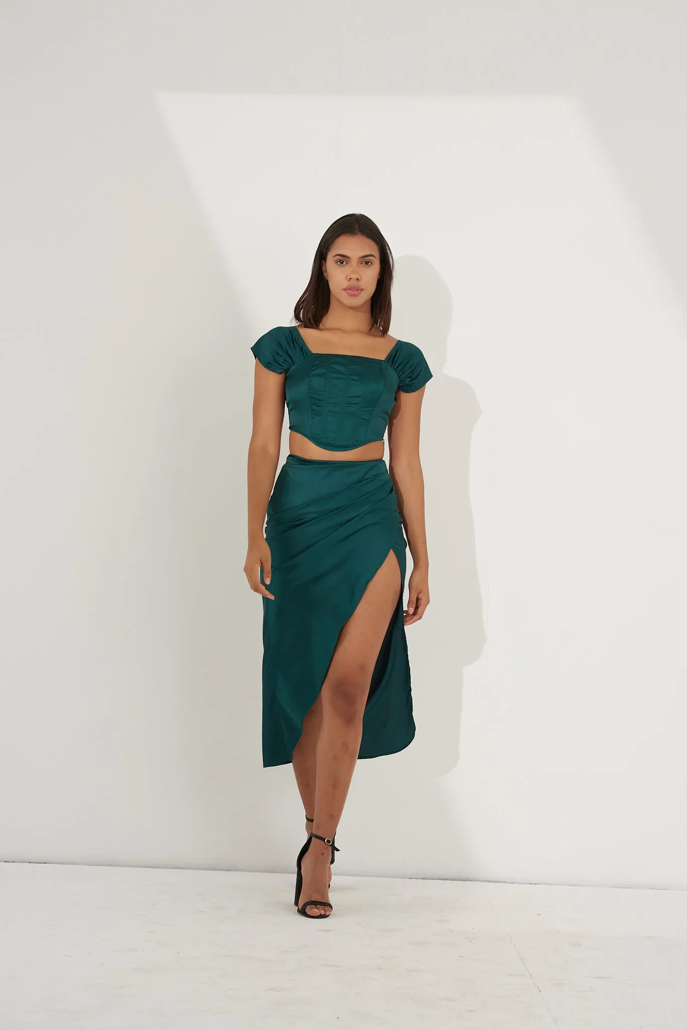 Dark Green Women's Satin pleated skirt