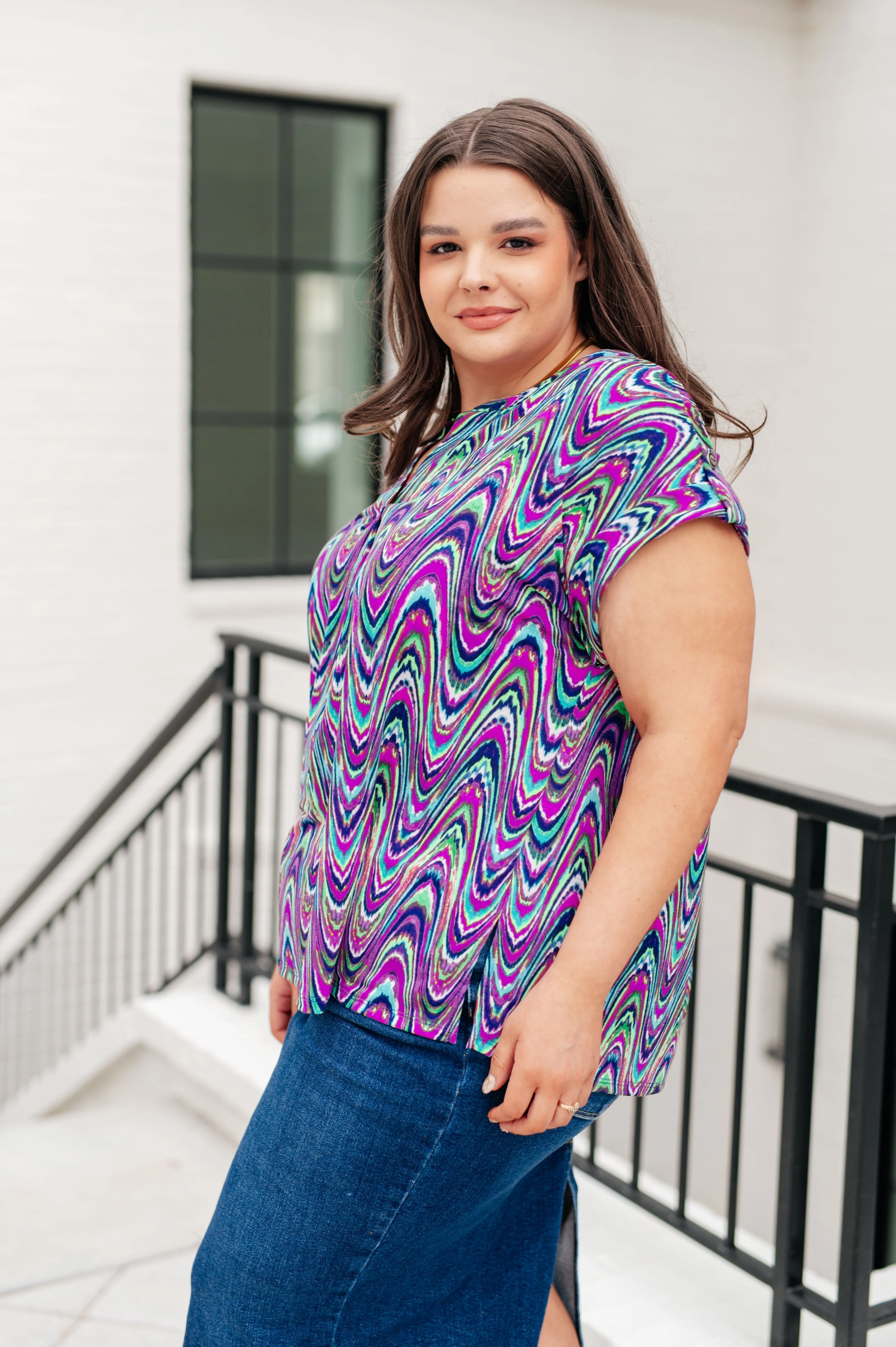 Dear Scarlett Lizzy Cap Sleeve Top in Purple Multi Marble