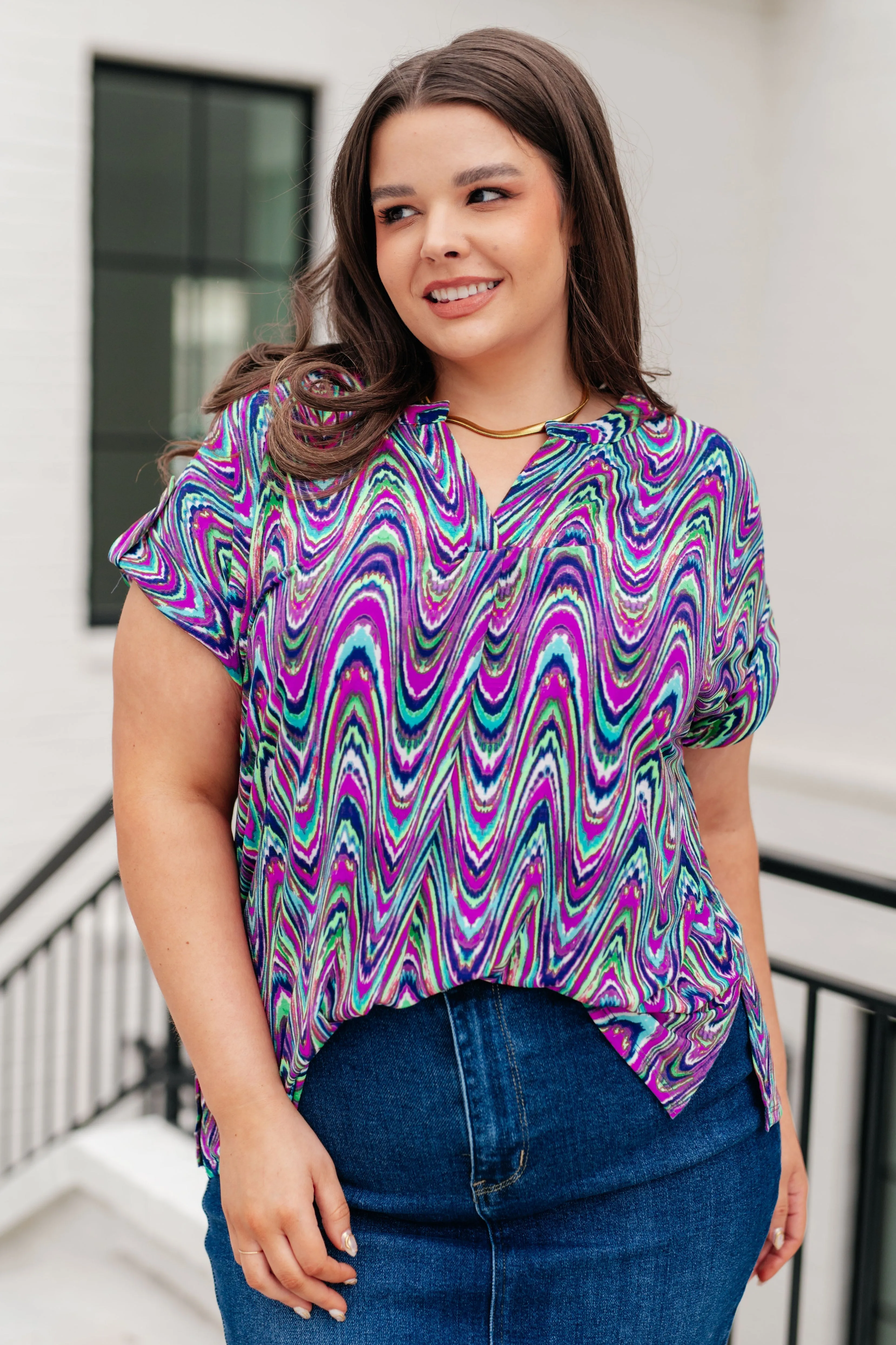 Dear Scarlett Lizzy Cap Sleeve Top in Purple Multi Marble