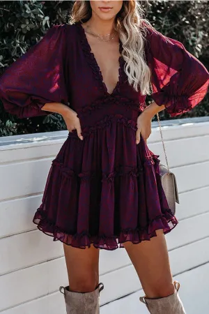 Deep V-Neck Backless Ruffled Mini Dress