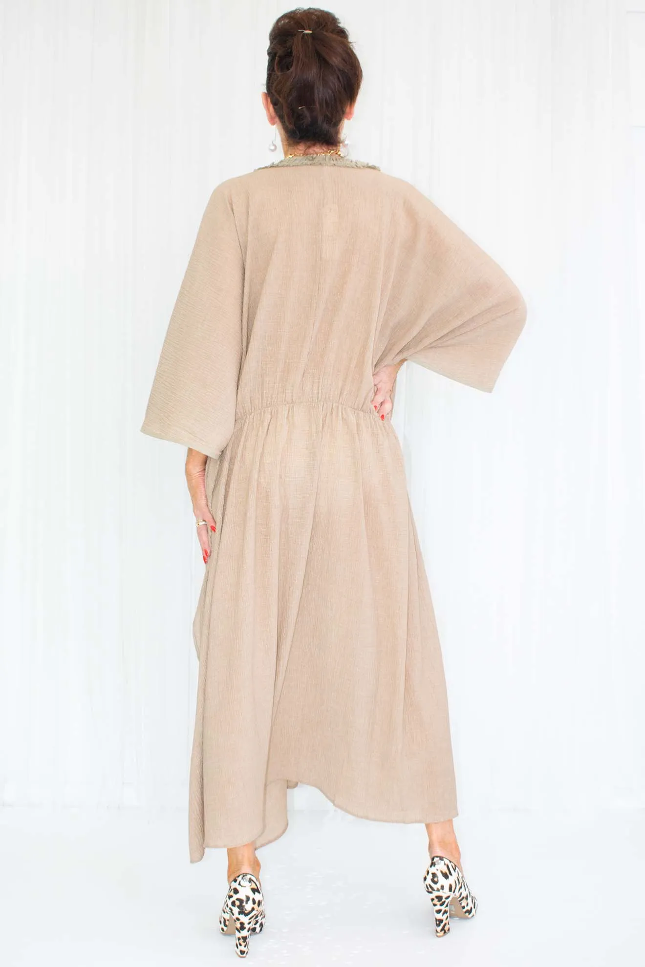 Delaney Deep V Neck Dress in Warm Beige