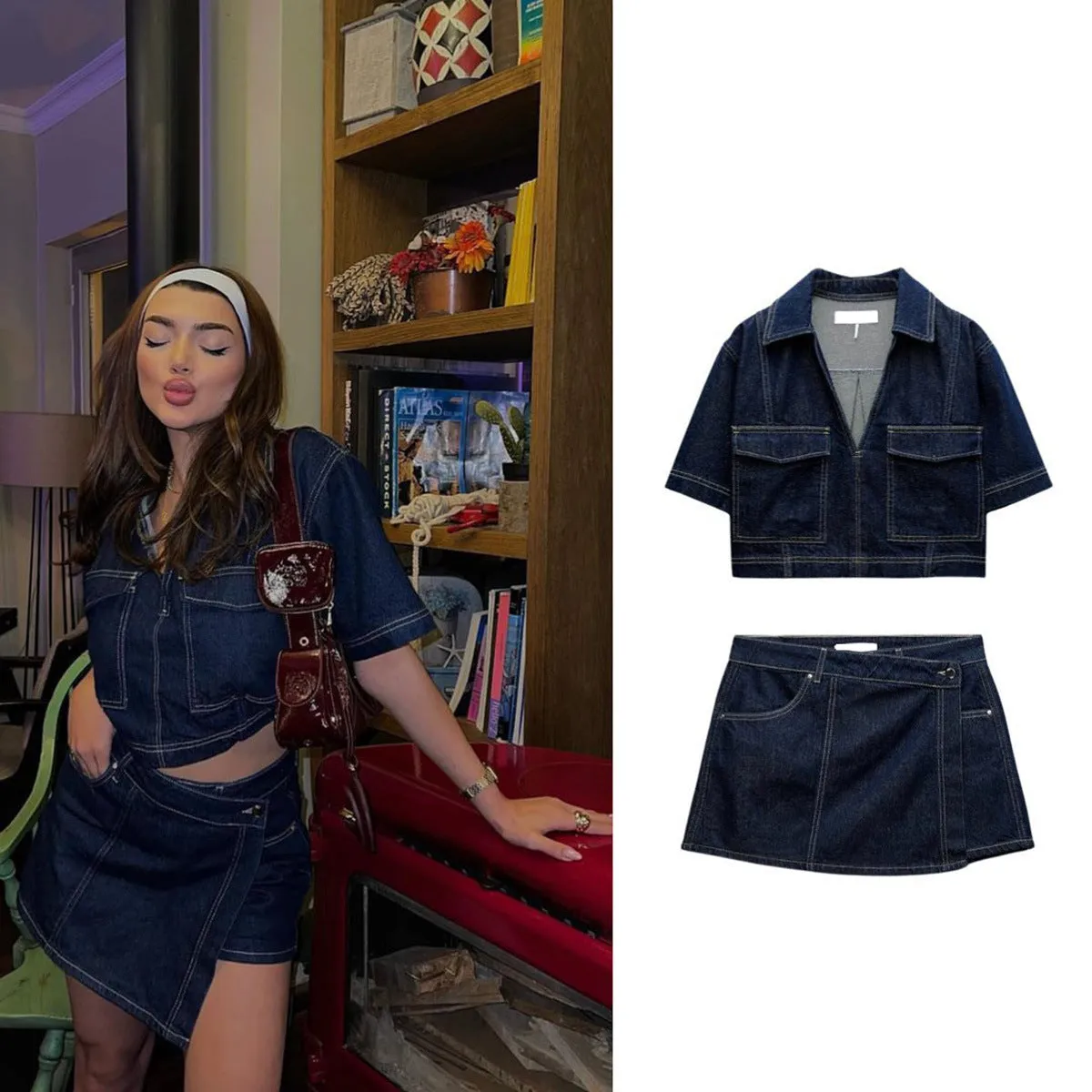 Double-Breasted V-Neck Crop Denim Shirt Skirt Suit