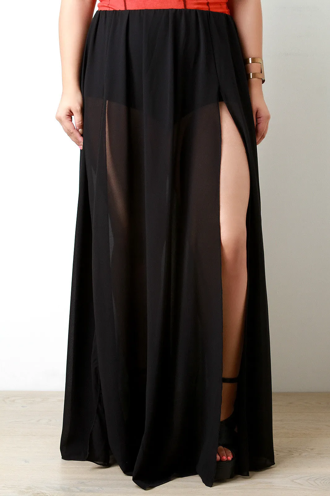 Double Slit High Waisted Chiffon Maxi Skirt