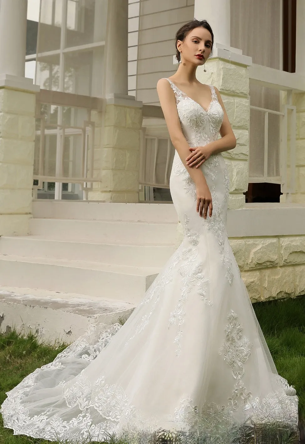 Double Train Fitted Sheath Wedding Gown