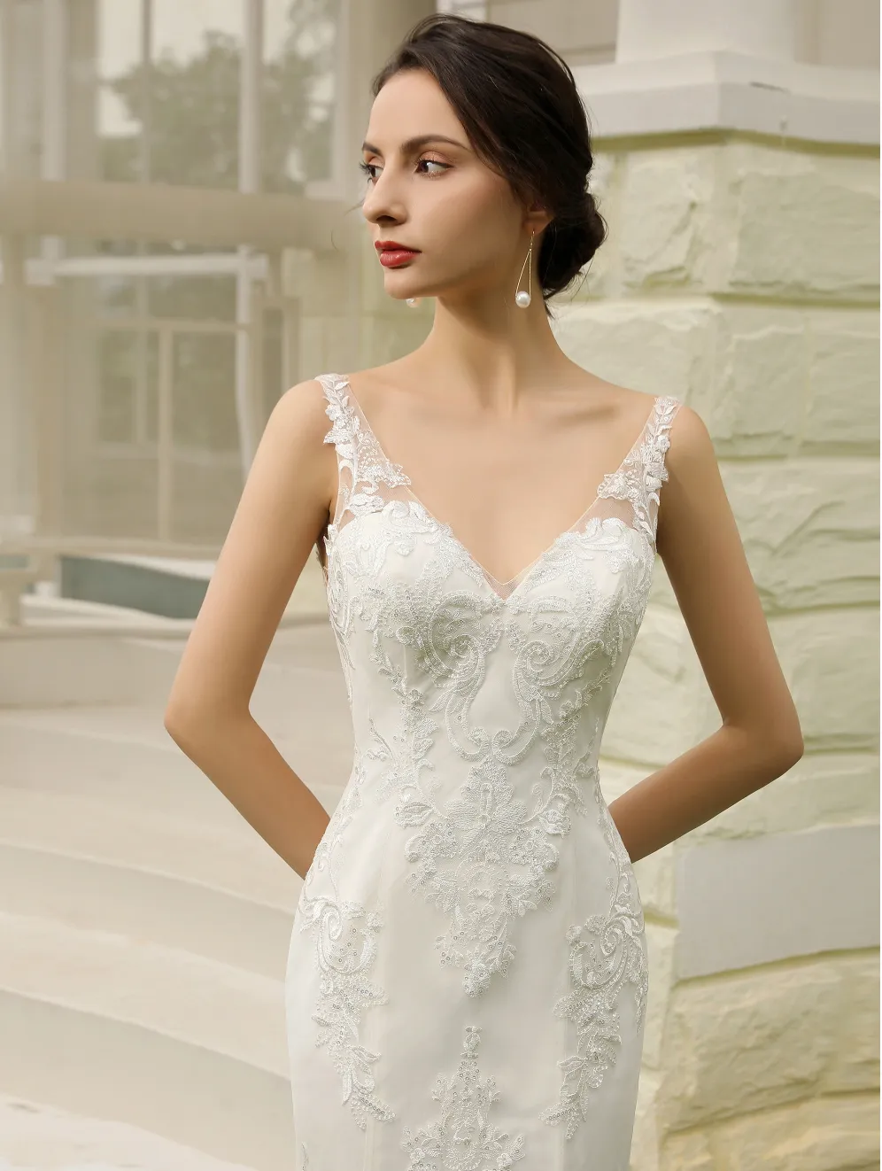 Double Train Fitted Sheath Wedding Gown