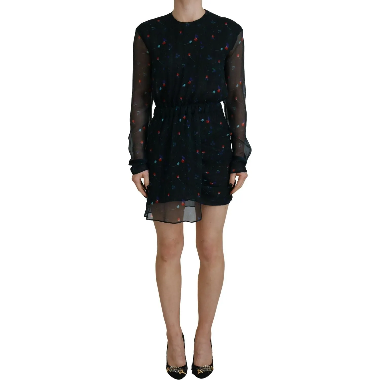 Dsquared² Black Floral Silk Long Sleeves Sheath Mini Dress