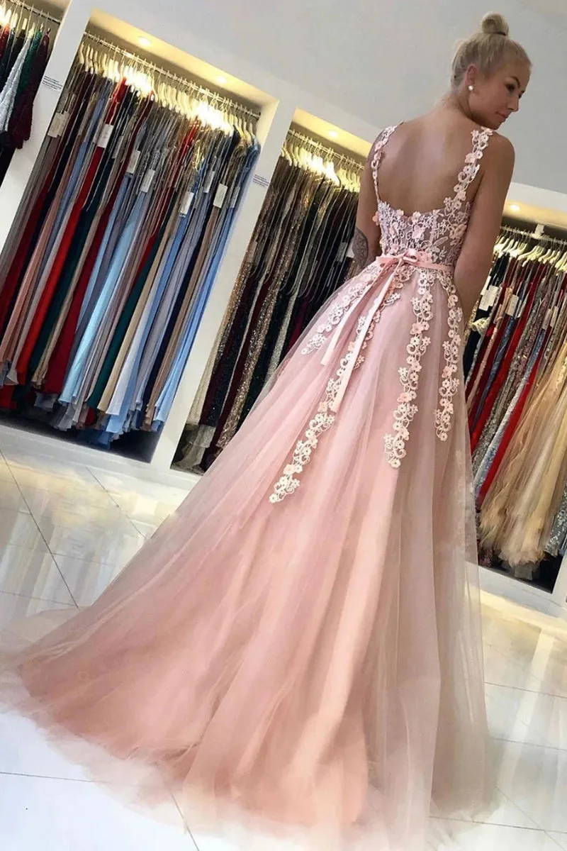 Elegant Backless Long Pink Lace Floral Prom Dress, Pink Lace Formal Graduation Evening Dress