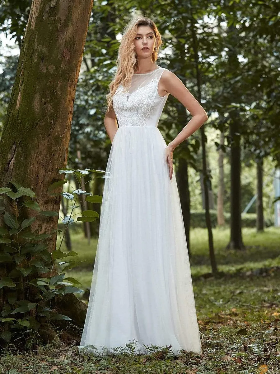 Elegant See Through Applique Simple Tulle Wedding Dress