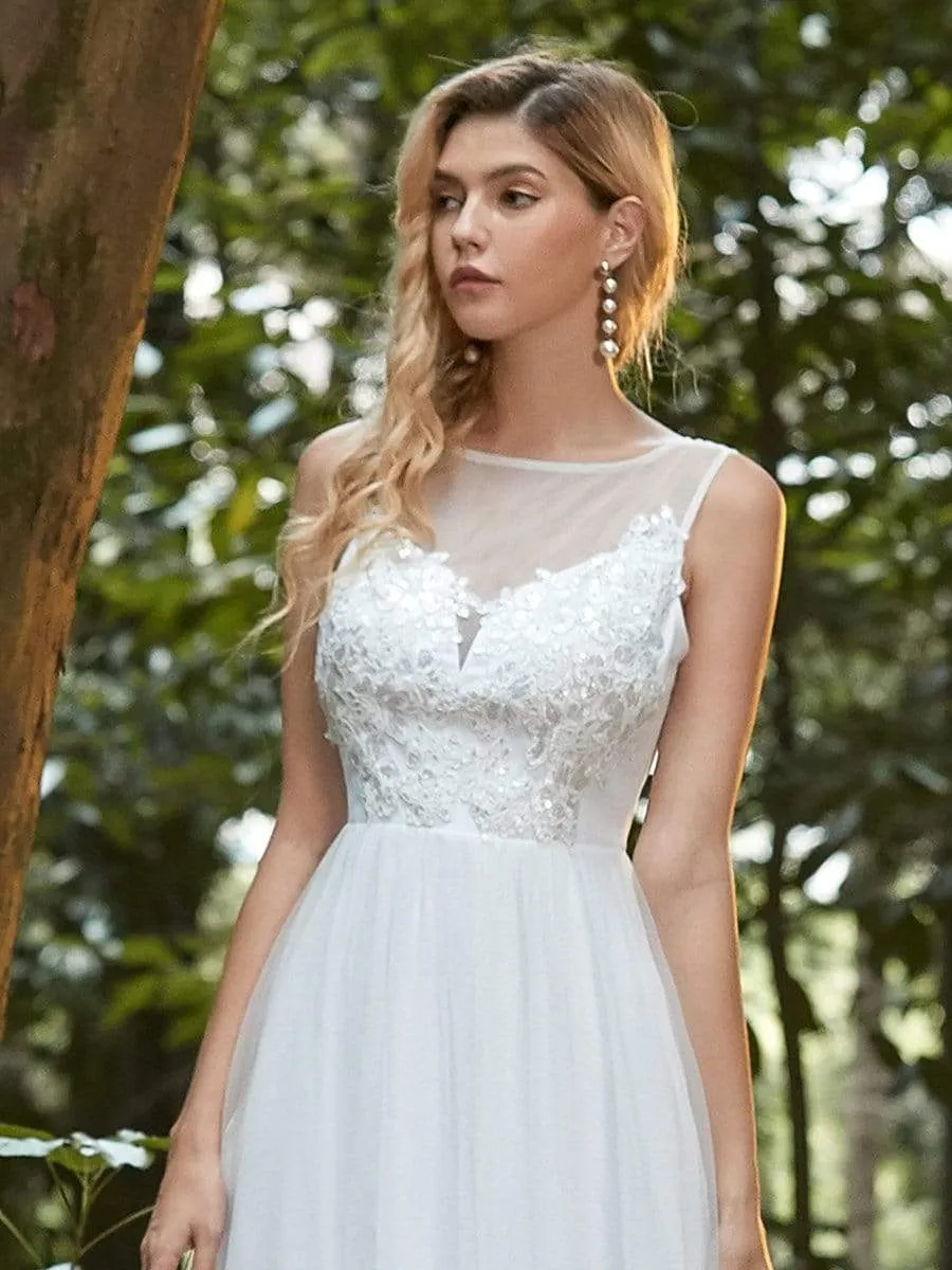 Elegant See Through Applique Simple Tulle Wedding Dress