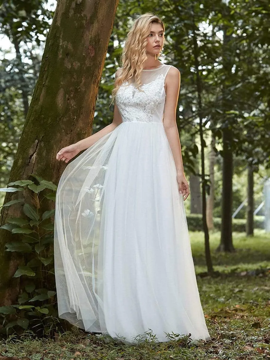 Elegant See Through Applique Simple Tulle Wedding Dress