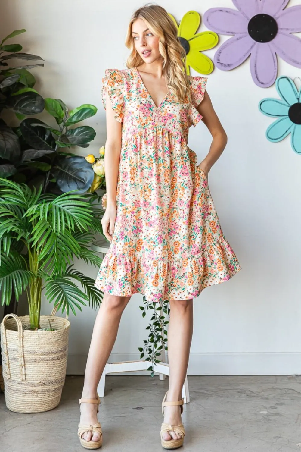 Full Size Floral Ruffled V-Neck Dress