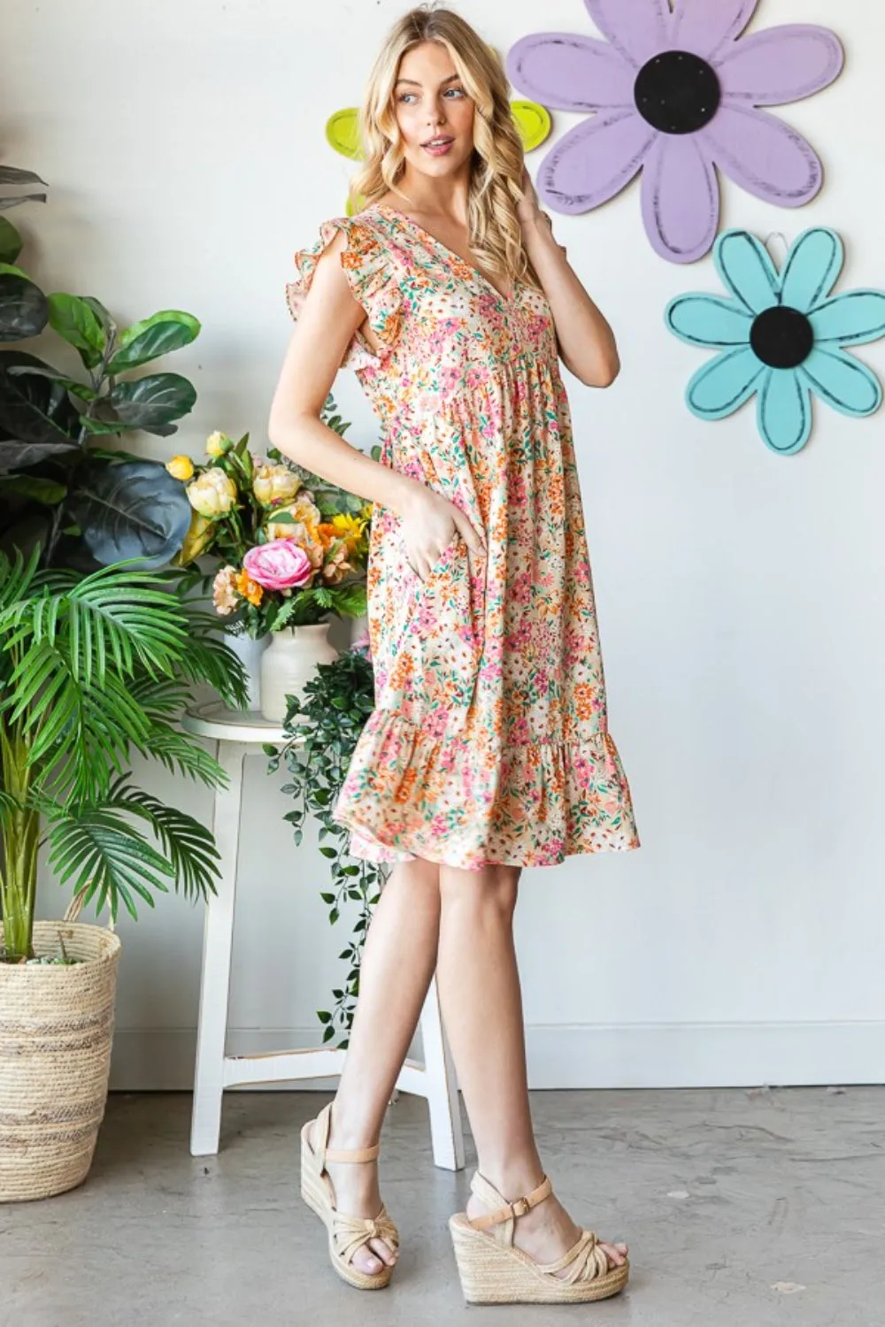 Full Size Floral Ruffled V-Neck Dress