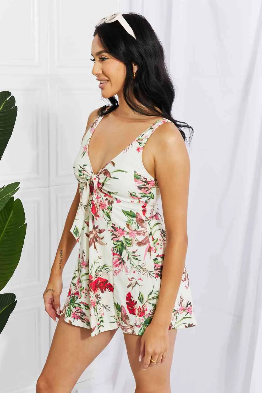 Full Size Sail With Me V-Neck Swim Dress in Cream