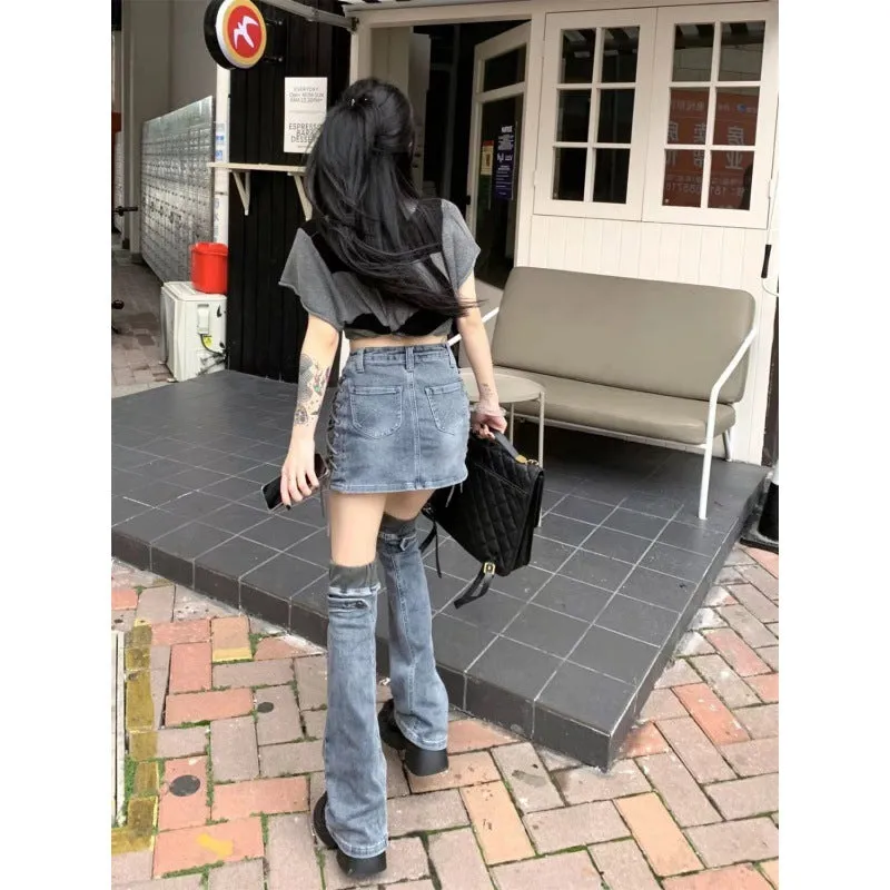 Girlary concert outfit Hot Girl Denim Skirt Women   Leg Set Drawstring Design Two-in-One Split Word High Waist Sheath Calf Set Socks