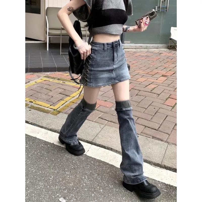 Girlary concert outfit Hot Girl Denim Skirt Women   Leg Set Drawstring Design Two-in-One Split Word High Waist Sheath Calf Set Socks