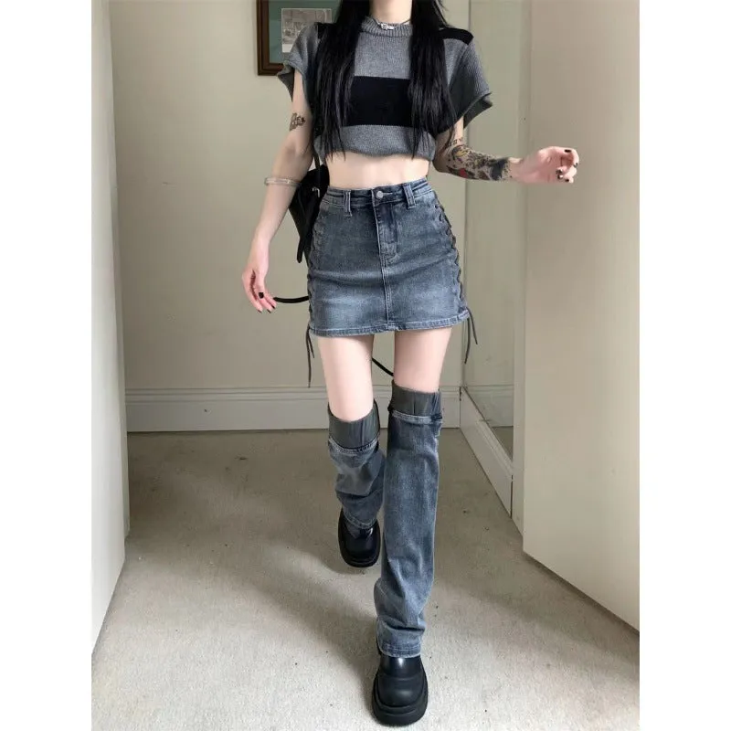 Girlary concert outfit Hot Girl Denim Skirt Women   Leg Set Drawstring Design Two-in-One Split Word High Waist Sheath Calf Set Socks