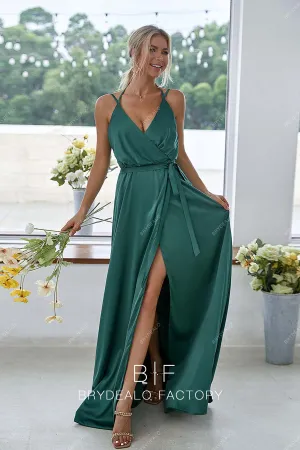 Green Charmeuse Boho Thin Straps Slit Wrap Long Dress