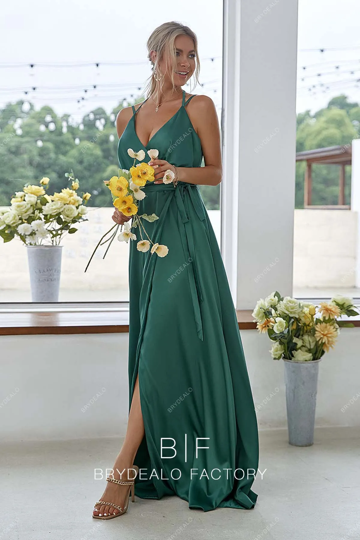 Green Charmeuse Boho Thin Straps Slit Wrap Long Dress