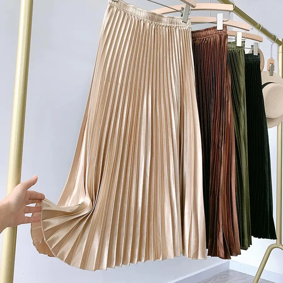 High Waist Satin Pleated Skirt