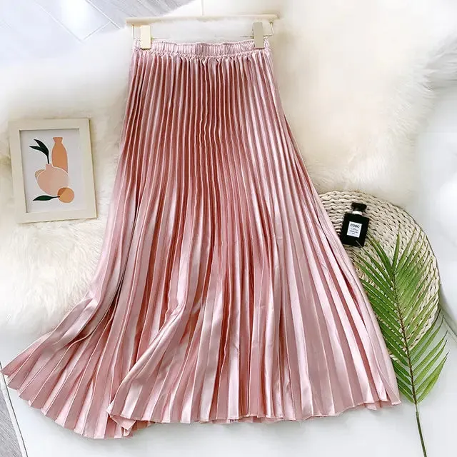 High Waist Satin Pleated Skirt