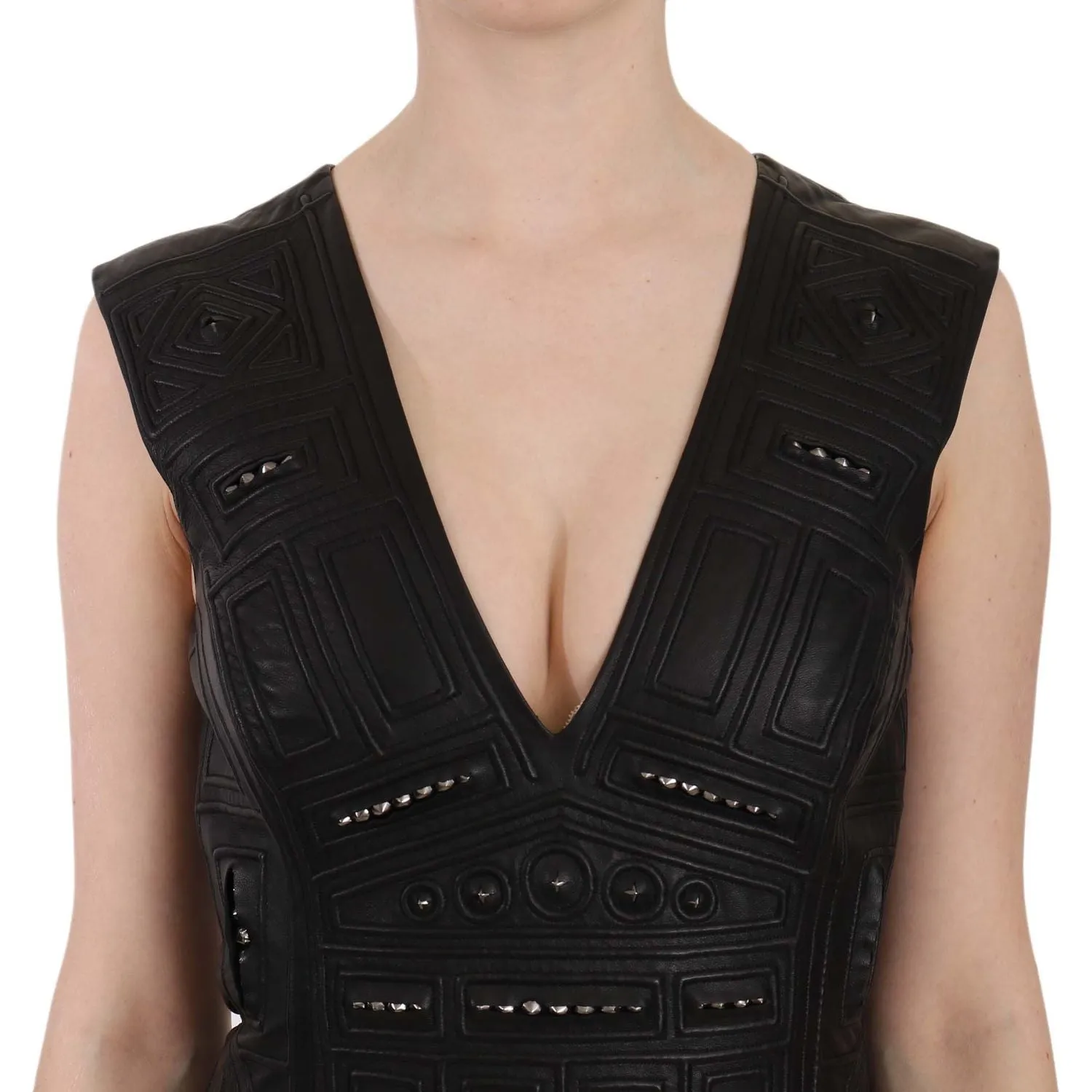 John Richmond Studded Black Leather Mini Sheath Dress