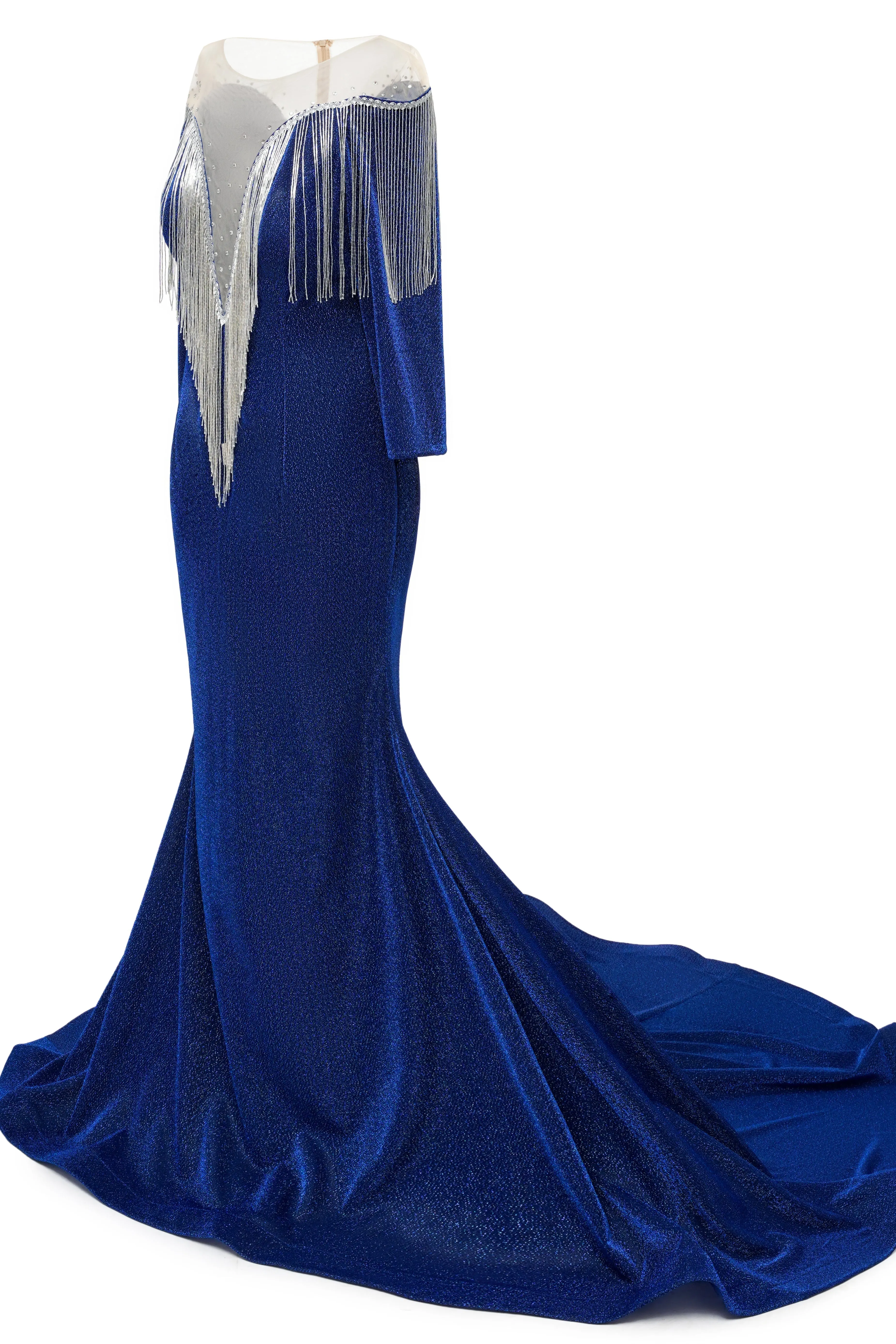 kamahe Deep V-neck Shiny Royal Blue Long sleeves Mermaid Prom Dress